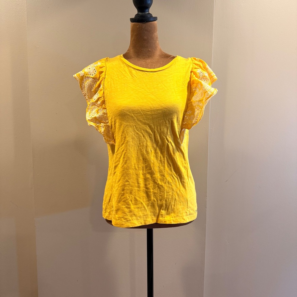 Tommy Hilfiger Ruffle Eyelet Top Womens S Yellow Cotton Embroidered Tee Boho